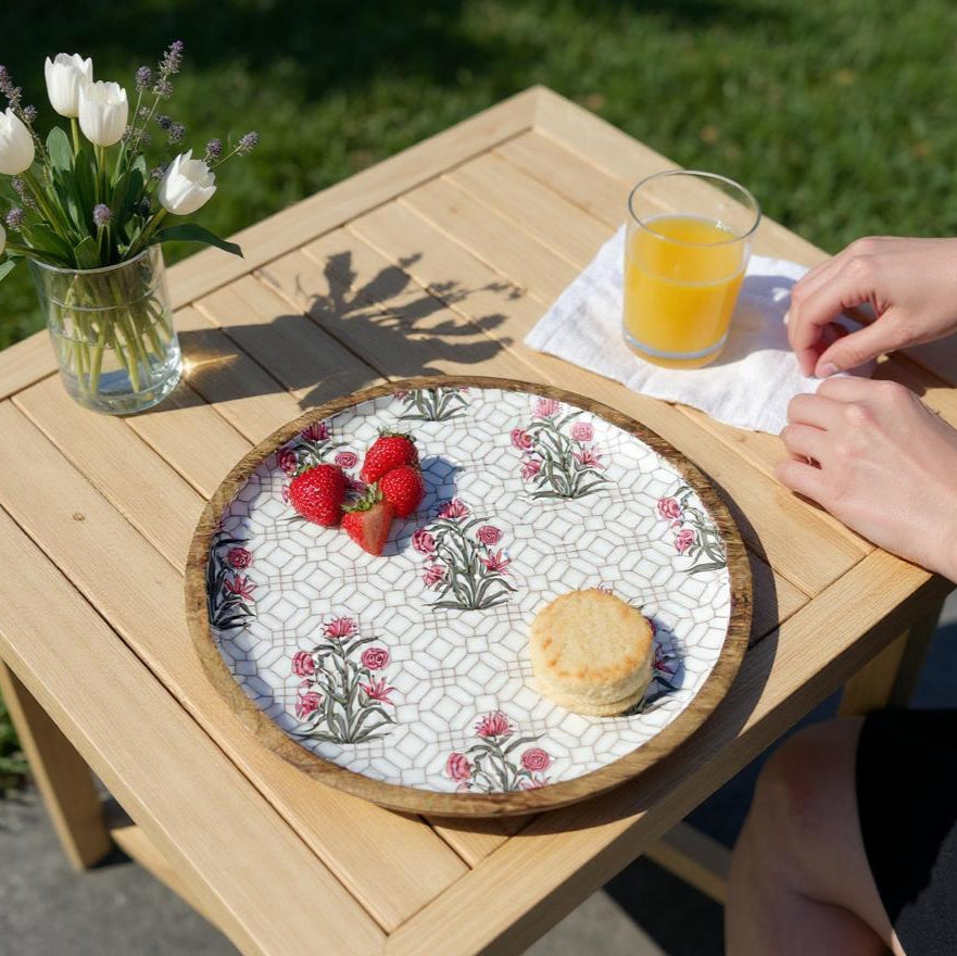 Mango Wood Round Platter - Floral Charm