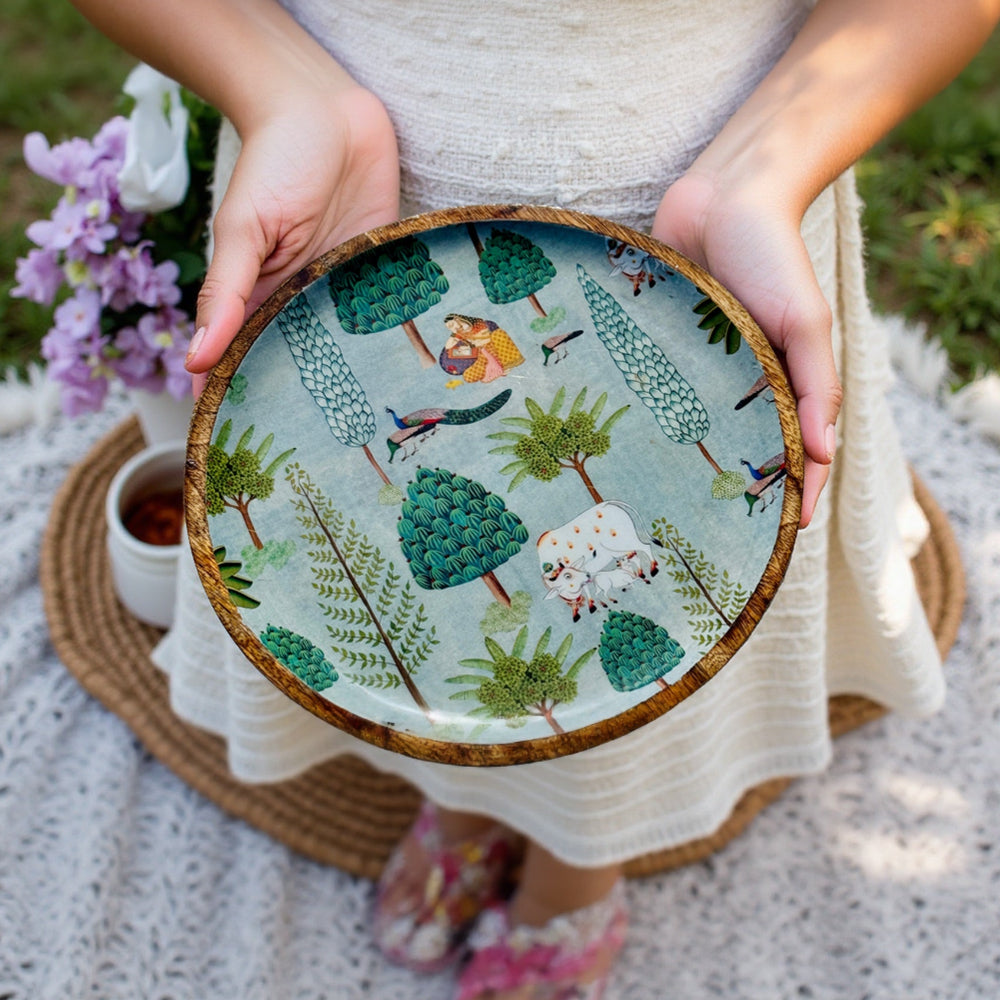 Mango Wood Round Platter - Vrindavan
