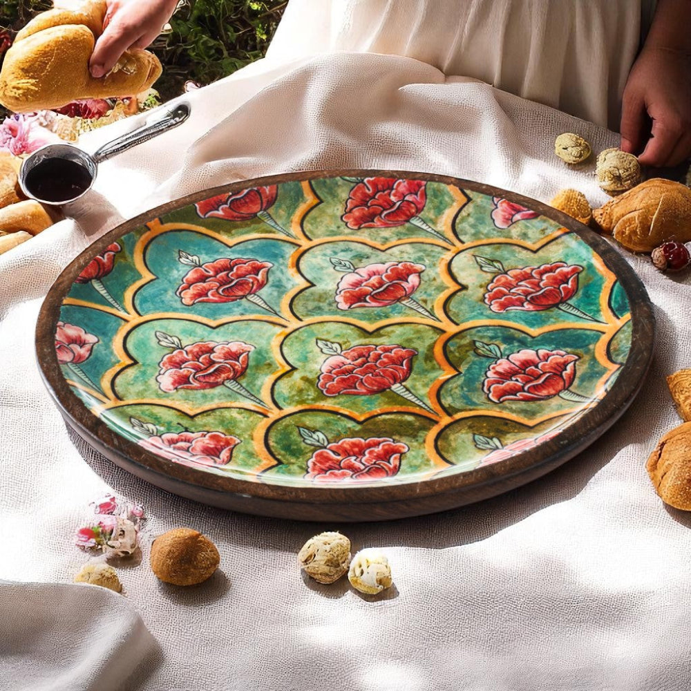 Mango Wood Round Platter - Mughal Blossom