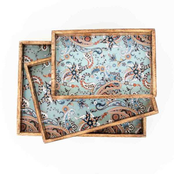 Mango Wood Trays - Blue Paisley