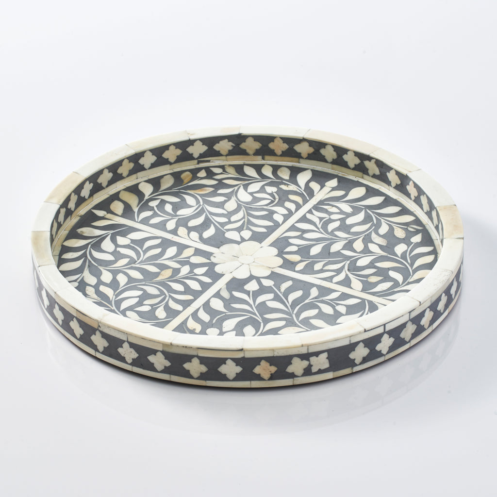 Bone Inlay Round Tray – Leaf Pattern