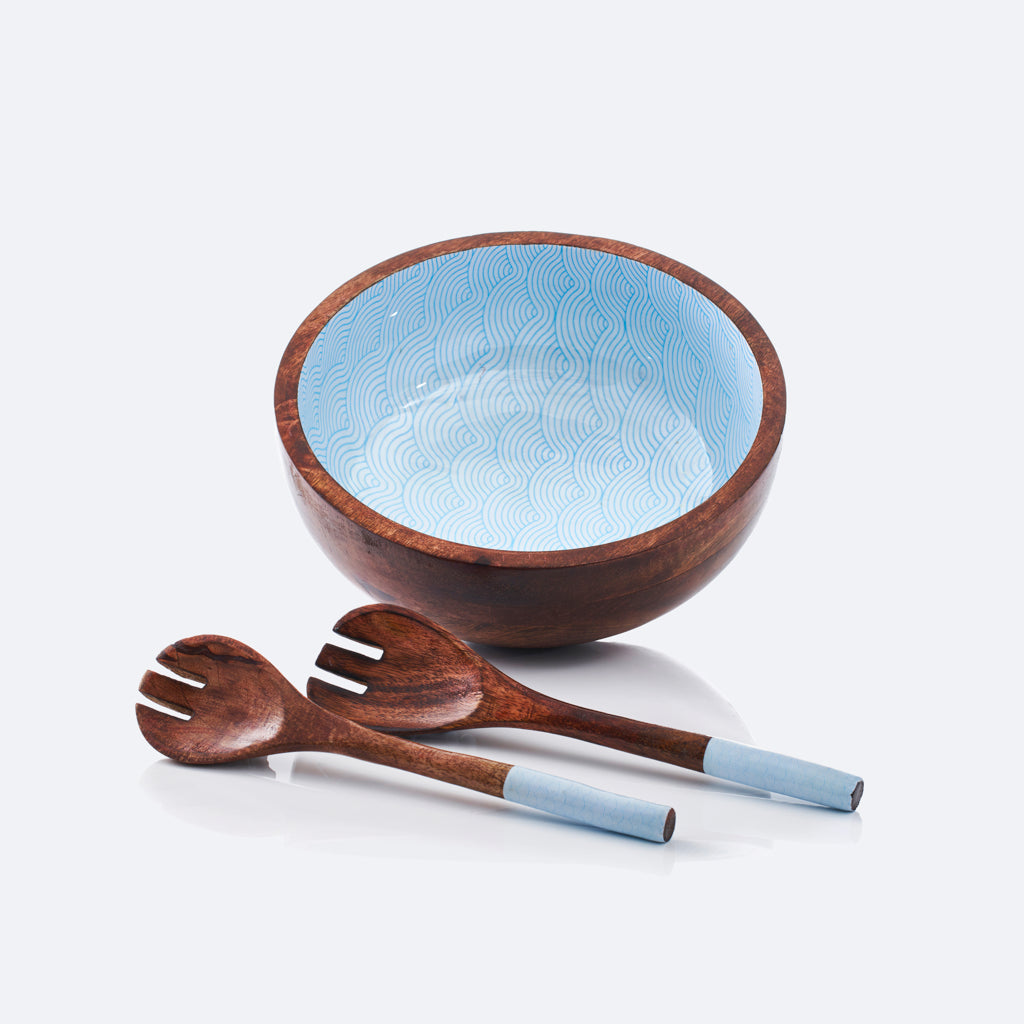 Mango Wood Salad Bowl - Blue Waves